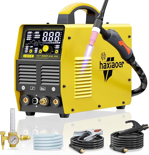 haxiaoer WIG Welding Machine AC DC 200A 7-in-1 Multifunction AC TIG/DC TIG/MMAE-hand/Argon/Spot Welding Digital LED Display with Accessories for Aluminium & Steel