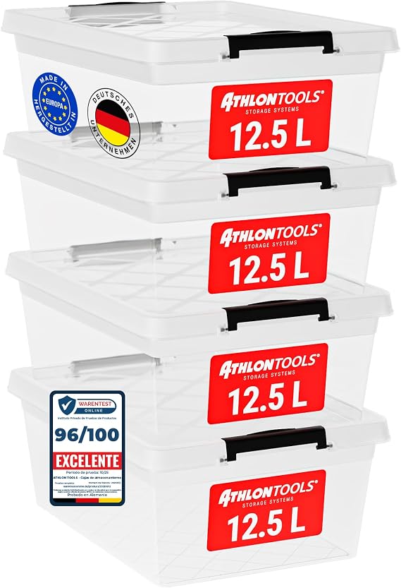 ATHLON TOOLS 4 x 12.5L Storage Boxes with Lid, Food Safe, Locking Clips, 100% Clear Plastic Box, Stackable Clothes Boxes