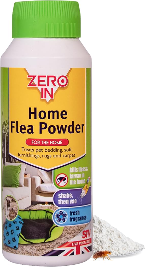Zero In Home Flea Powder - 300 g. Off-Pet Treatment Controls Fleas and Larvae in the Home, Preventing Reinfestations. Ready-To-Use. Treats Carpets and Soft Furnishings, Green