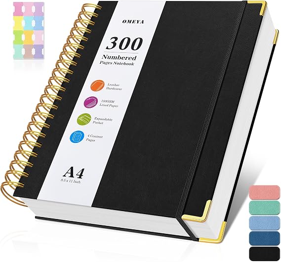 A4 Notebook, Lined Notebook with 300 Numbered Pages, 100GSM Thick Notepad, Large Spiral Writing Journal Notebook for Women Men, Hardback Leather Notebooks for Work Office School, 21.5 x 27.9cm,Pink