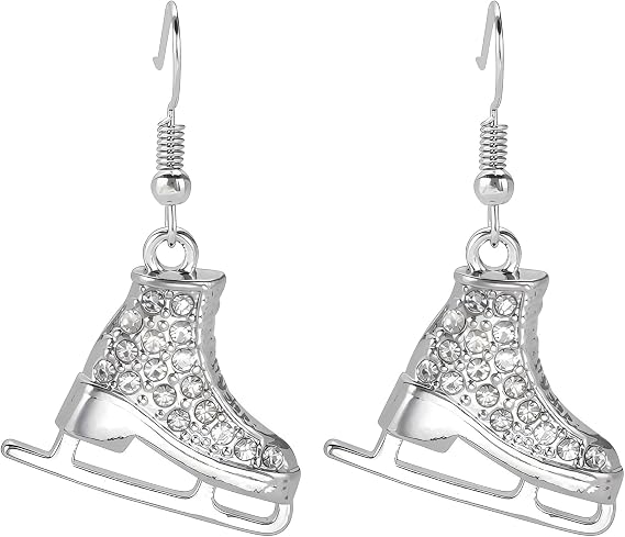 Ice Skate Shoe Dangle Earrings, White Enamel & CZ Crystal with Stainless Steel Hook – Figure Skating Sports Theme Jewellery for Women, Birthday Fashion Gift for Her