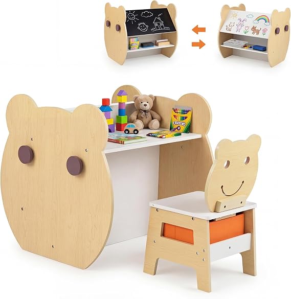 COSTWAY Toddler Table and Chair Set, 3 in 1 Activity Table with Reversible Whiteboard & Chalkboard, Side Hooks, Fabric Bin, Bear Kids Desk Chair Set for Drawing Studying (Natural+White)
