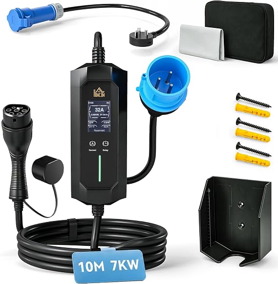 HOMCOM EV Charger 7kW Type 2 10m with Blue CEE 32A Plug & UK 3 Pin Adapter