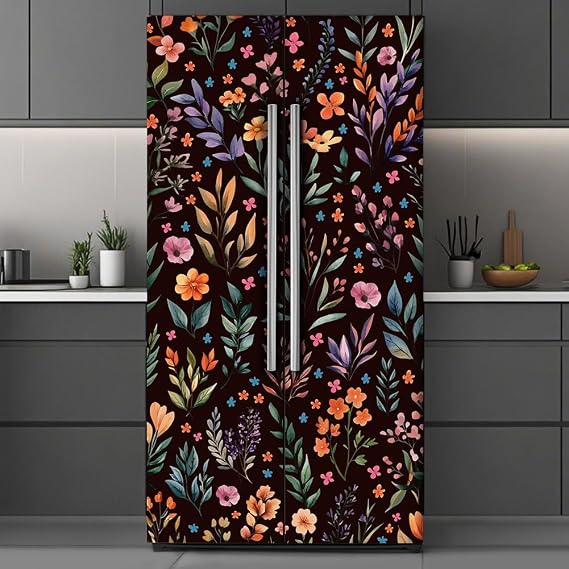 2 Pcs Floral Pattern Removable Refrigerator Wraps, Self-Adhesive Fridge Door Mural Vinyl Freezers Panel Cover Sticker for Kitchen Bar Decor, 41.5x200cm