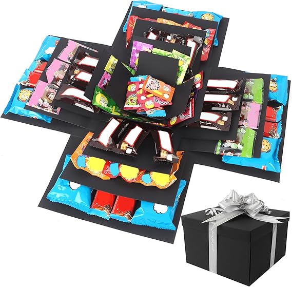 Explosion Gift Box, 5 Layer Snack Explosion Box with Tape and Ribbon, Black-Silvery DIY Surprise Box Scrapbooking Boxes Photo Album Explosion Boxes for Birthday Anniversary Valentine's Day Wedding