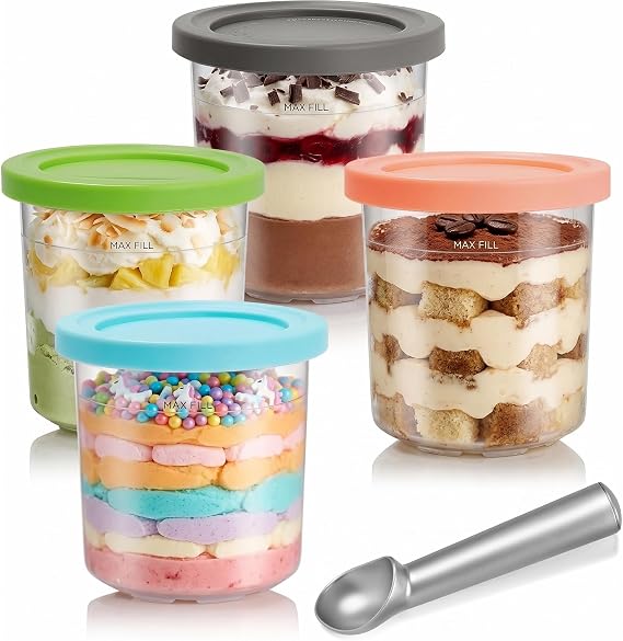 Behälter for Ninja Creami, Set of 4 Replacement Cups and Deluxe Cup Set, 500 ml Cups with Coloured Lids, BPA Free and Dishwasher Safe, Compatible with Series