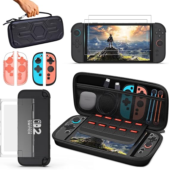 Ak0002-sw2 Black Hard Shell Carrying Case for Nintendo Switch 2, Protective Kits with Screen Protector, Dockable Slim Case