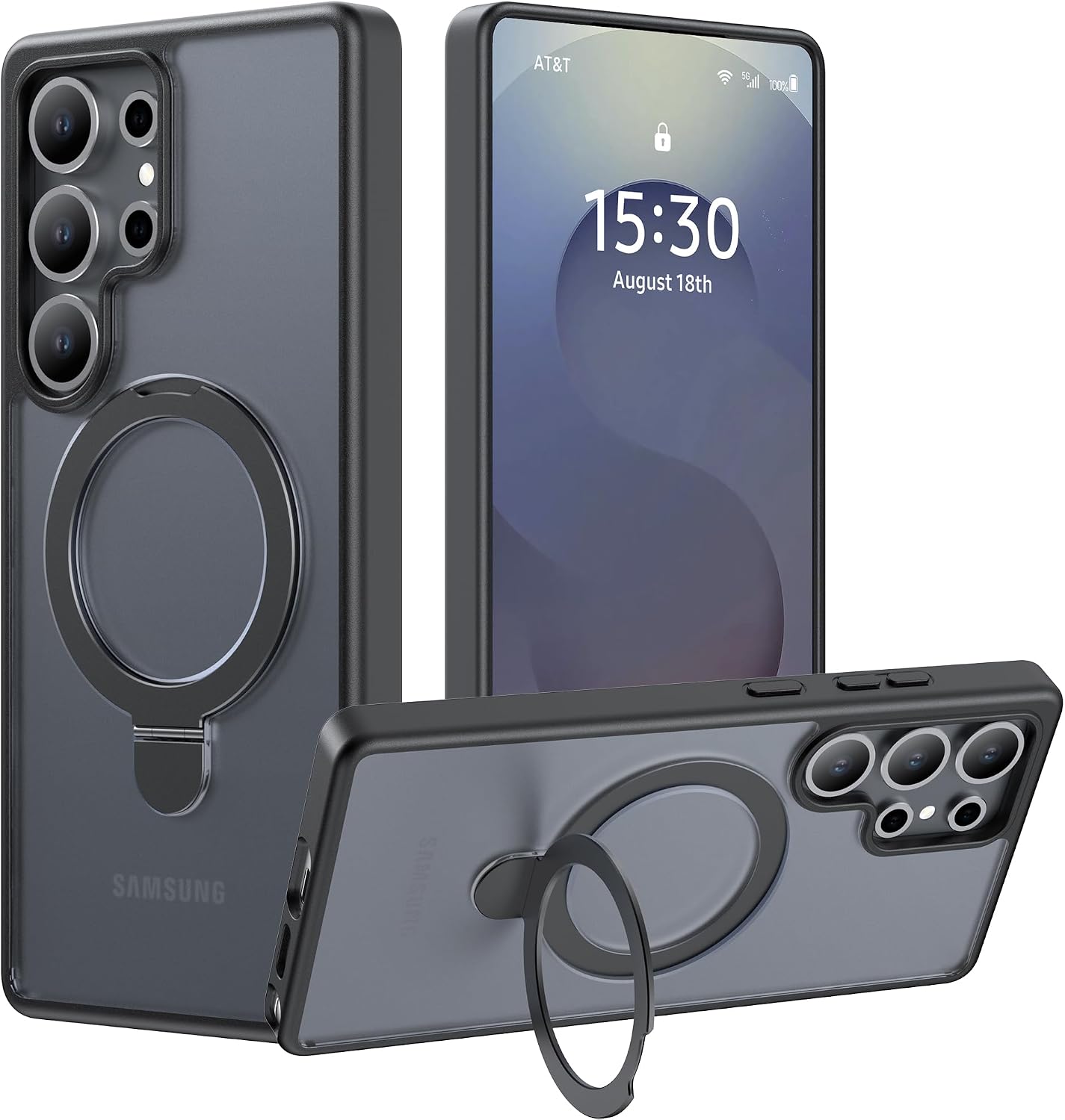 Magnetic Stand for RAPTIC Samsung Galaxy S25 Ultra, Compatible with MagSafe, [Military Grade Drop Test] [Internal Kickstand] Shockproof Protective Fingerprint Preventive Thin Matte Case, BlackTransparent