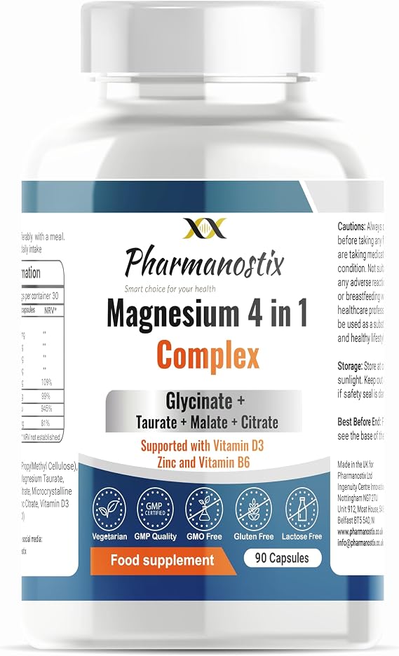 Pharmanostix Magnesium Complex 4-in-1 | Max Absorption Formula 2175mg of Magnesium Bisglycinate, Taurate, Citrate, Malate, Supported with VIT D Zinc & Vitamin B6, UK Made