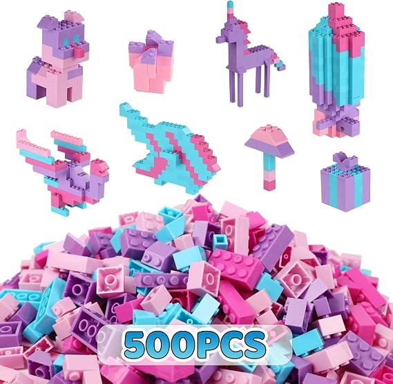 Building Bricks 500PCS Set, Classic Building Brick Sets, Pink Building Blocks Toys For Girls, Compatible with Lego, Girls Pastel, Birthday for Kids (500PCS Pink-Purple)