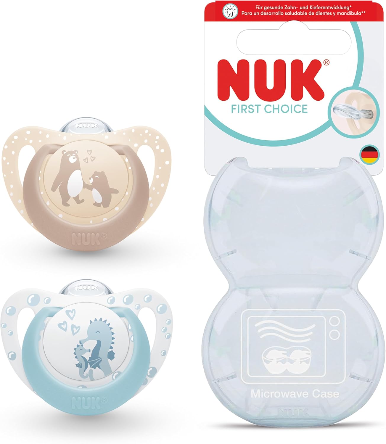 NUK First Choice Baby Dummies | 0-6 Months | Orthodontic Soothers | Soothes 99% of Babies | Bear & Seahorse | 2 Count