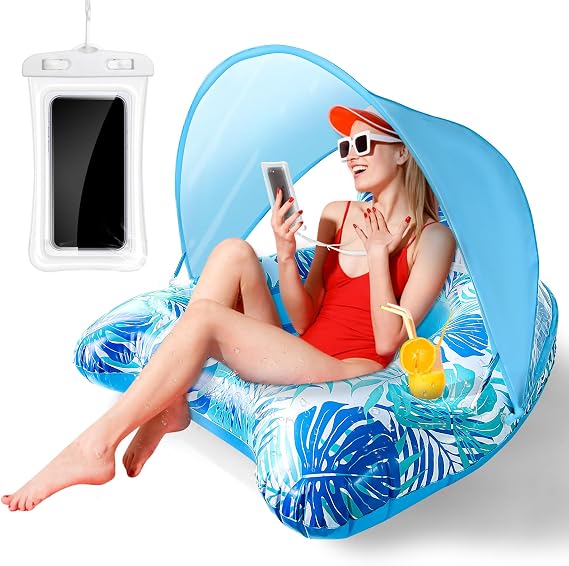 Inflatable Pool Air Mattress, Adult Swimming Chair with Sun Canopy with 2 Drink Holders, Inflatable Float with Waterproof Mobile Phone Case, Adjustable Sun Canopy for Swimming Party