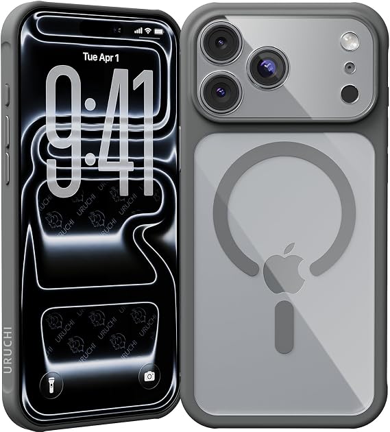 URUCHI [Kamera Korumalı] iPhone 18 Pro / 17 Pro Manyetik Halkalı Kılıf, Gri, Kamera Modülünü de Kaplayan Şeffaf Parlak Arka, Sıkı Kavrayan Silikon Kenar, Kablosuz Şarj Uyumlu