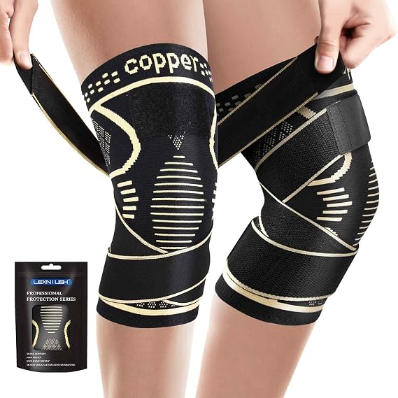 Copper Knee Support for women/Men with Strap (2 Pack) - Best Knee Compression Sleeve for Knee Pain Relief,Arthritis,Joint Pain,Meniscus Tear,ACL,MCL, Adjustable Knee Brace for Running,Gym,Sports