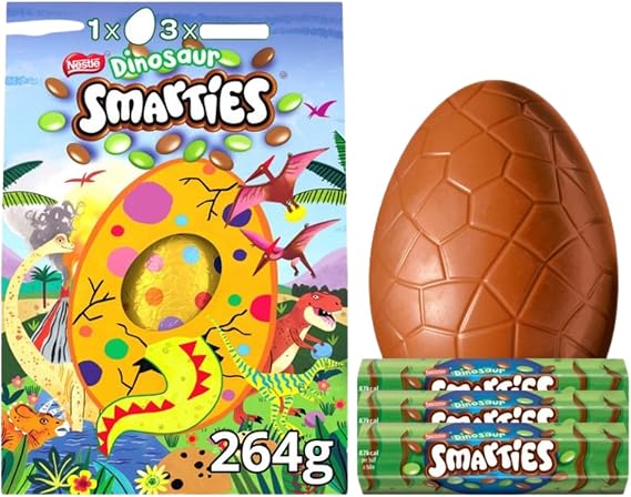Large Easter Eggs - Smarties Large Easter Egg Chocolate Eggs - Smarties Dinosaur Milk Chocolate Giant Easter Egg 264G With 3 Full Size Smarties Tubs - Happy Easter Gift For Easter Egg Hunt