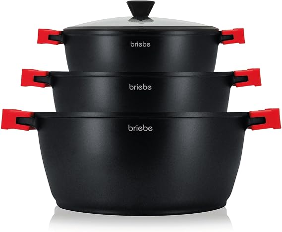 briebe Black Titanium Induction Cookware Set of 6 Non-Stick Titanium, Set of 3 Cast Aluminium Pots without PFOA, Set of Pots and Lids Glass, Removable Silicone Handles, Glass-Ceramic, Gas, Oven