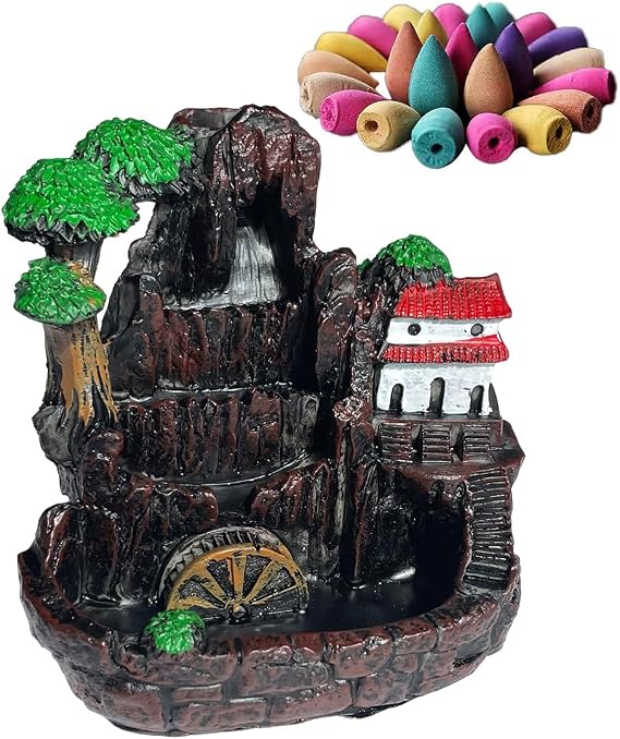 Mountain Waterfall Backflow Incense Holder, Ceramic Censer with Lotus Design, Decorative Meditation Incense Burner (b)