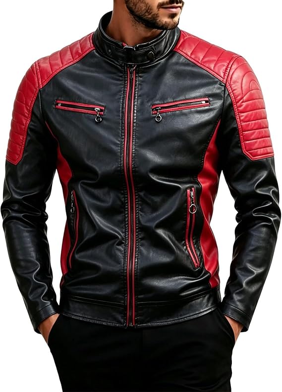 Motorcycle Jacket For Men Leather Slim Fit Stand Collar Zip Up Biker Coat