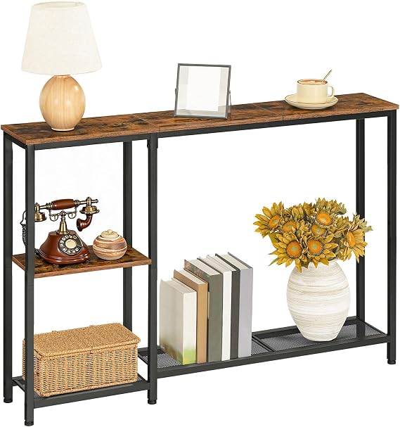 HOOBRO Narrow Console Table, 114 cm Behind Sofa Table with Shelves, Slim Hallway Table with Storage, Hallway Display Shelf, for Living Room, Foyer, Entryway, Rustic Brown and Black EBF86XG01