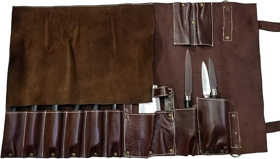 Professional Chef Lightweight Genuine Premium Maroon Leather Chef Knife Bag/Knife Roll 11 Pockets Space *KB001-11P