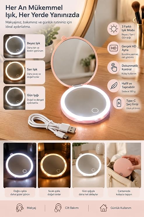 LED Işıklı Katlanabilir Makyaj Aynası Cep Aynası 3 Renkli
