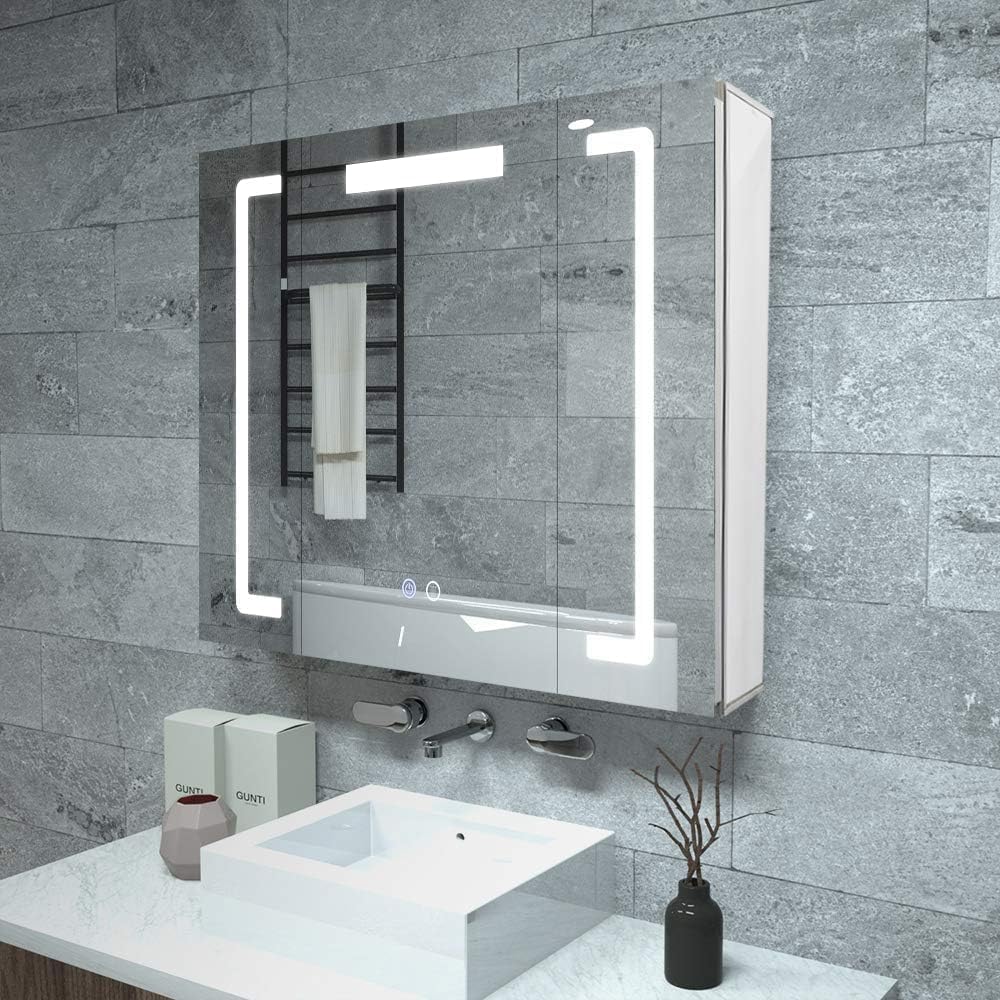 Mirror Cabinet with Lighting - Three Colour Temperature & Brightness Adjustable with USB Socket for Shaver, Interior Lighting, Aluminium Frame