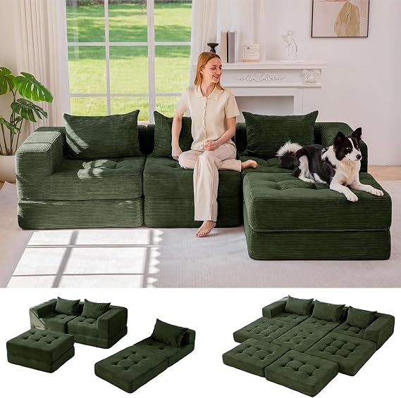 MAXYOYO Modular Sectional Sofa Bed, Convertible Sofa Bed with Foldable Sleeper and Pillow, Corduroy Tufted Floor Couch Boneless, No Assembly