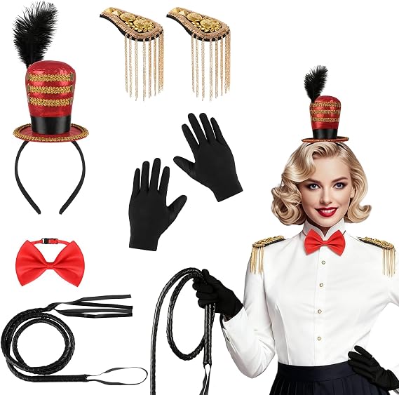 Circus Ringmaster Costume Accessories Mini Top Hat Headband Golden Tassel Epaulettes Faux Leather Whip Bow Tie Gloves for Lion Tamer Costume Women Men Carnival Halloween Cosplay