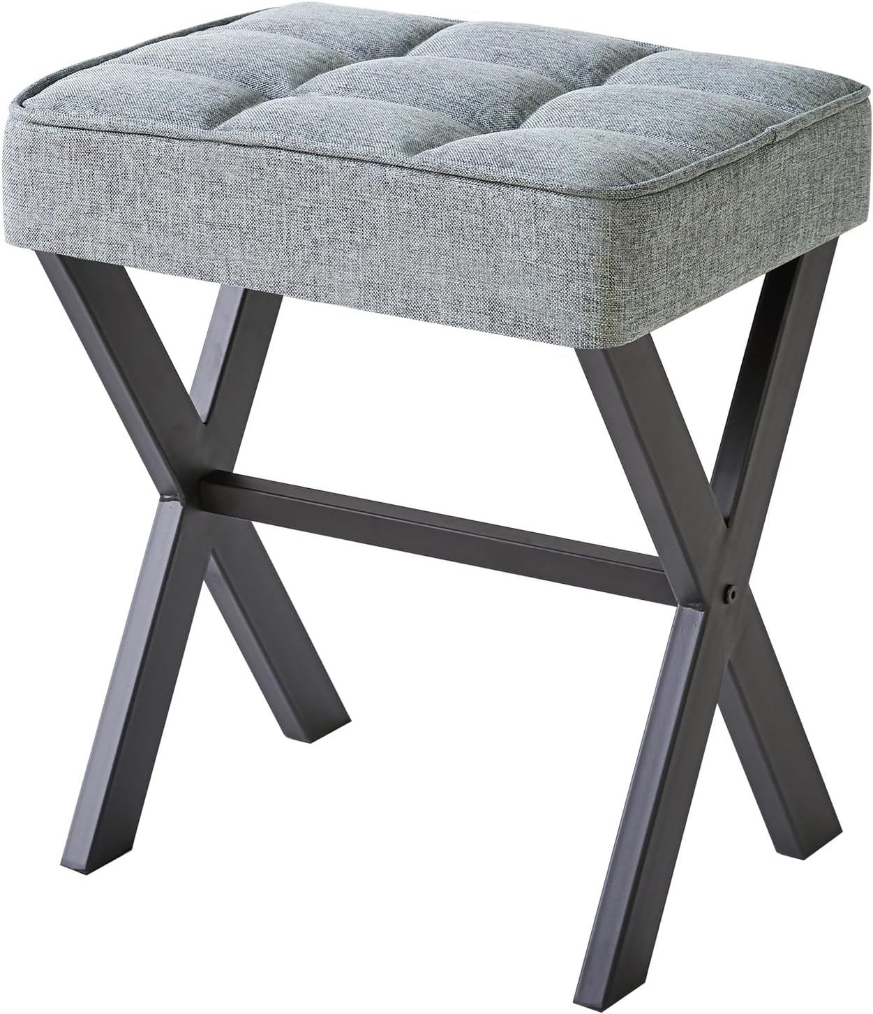 IBUYKE Square Makeup Stool with X-Leg Foot Rest, Linen Footrest, Ottoman Seat, Multi-Use as Small Side Table, for Bedroom, Living Room, Blue Gray LG-70L