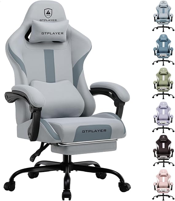 GTPLAYER Fabric Gaming Chair, Ergonomic Computer Chair with Footrest Lumbar Support Heavy Duty High Back Adjustable Height Svivel Office Desk Chairs (Grey)