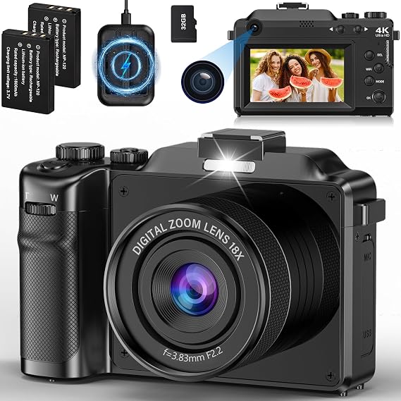4K Digital Camera, 64MP Autofocus Photo Camera, 18X Compact Photo Camera 3'' Vlogging Camera with 32G Card Battery Charger Reader and 2 Batteries for Beginners