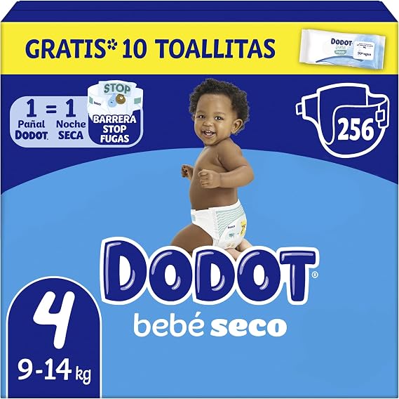 Dodot Baby-Dry Diapers, Size 4 (9-14 kg), 256 Nappies + 1 Pack of 10 Aqua