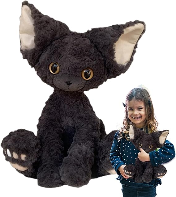 Cute Devon Rex Cat Plush, Soft Kachi Devon Plush Doll, 30cm Curly Cartoon Rex Stuffed Animal, Cute Collectible Cuddle Toy, Black Cat Doll, for Grils Boys Adults Home Decoration Christmas
