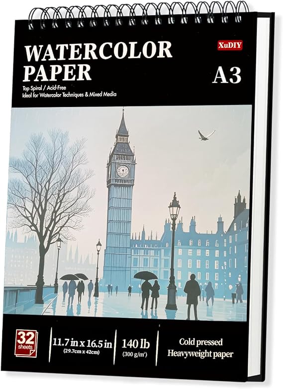 A3 Watercolour Paper Pad, 32 Sheets (64 Pages), 300GSM (140LB) Cold-Press, Natural White, Spiral-Bound A3 Sketchbook, Drawing Pad, Mixed Media Paper – Suitable for Beginners & Hobbyists