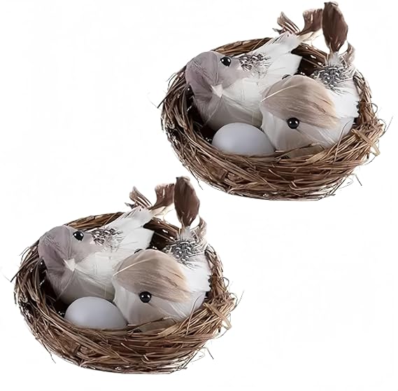 2Pcs Simulation Bird Nest with Bird and Eggs Decor,Fake Foam Feather Birds,Artificial Birds,for DIY Craft Tree Decoration Artificial Plants and Flowers,Home Decor for Garden Yard Home Party Easter Dec