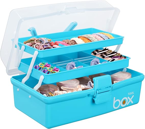 3 Layer Craft Storage Box, Plastic Multipurpose Storage Box with Compartments,Tool Box Arts and Crafts Organiser Box with Handle, for Sewing, Makeup, Nail, Hair Accessories (Blue)