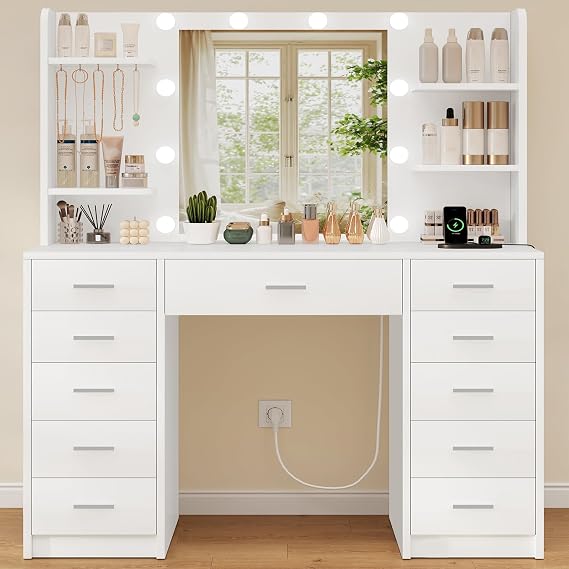 TEENFON Dressing Table with LED Mirror, 11 Drawers, Power Outlets, White