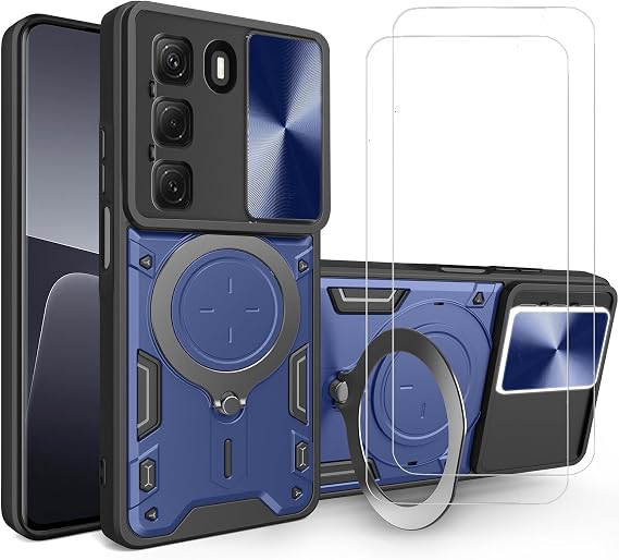 for Infinix Hot 50 Pro Plus 4G Case with Slide Camera Cover and Stand Kickstand Ring with Tempered Glass Screen Protector [2 pieces],Military Grade Shockproof Protective Cover, Blue