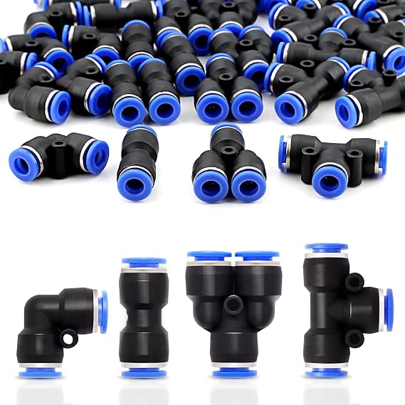 Nuts OT nuts Pack of 48 Straight Pneumatic Connectors 4 mm Straight/Splitter/Angle/T-Pieces 12 Pieces Each Compressed Air Hose Connector Air Push Quick Attachments for Air Lines