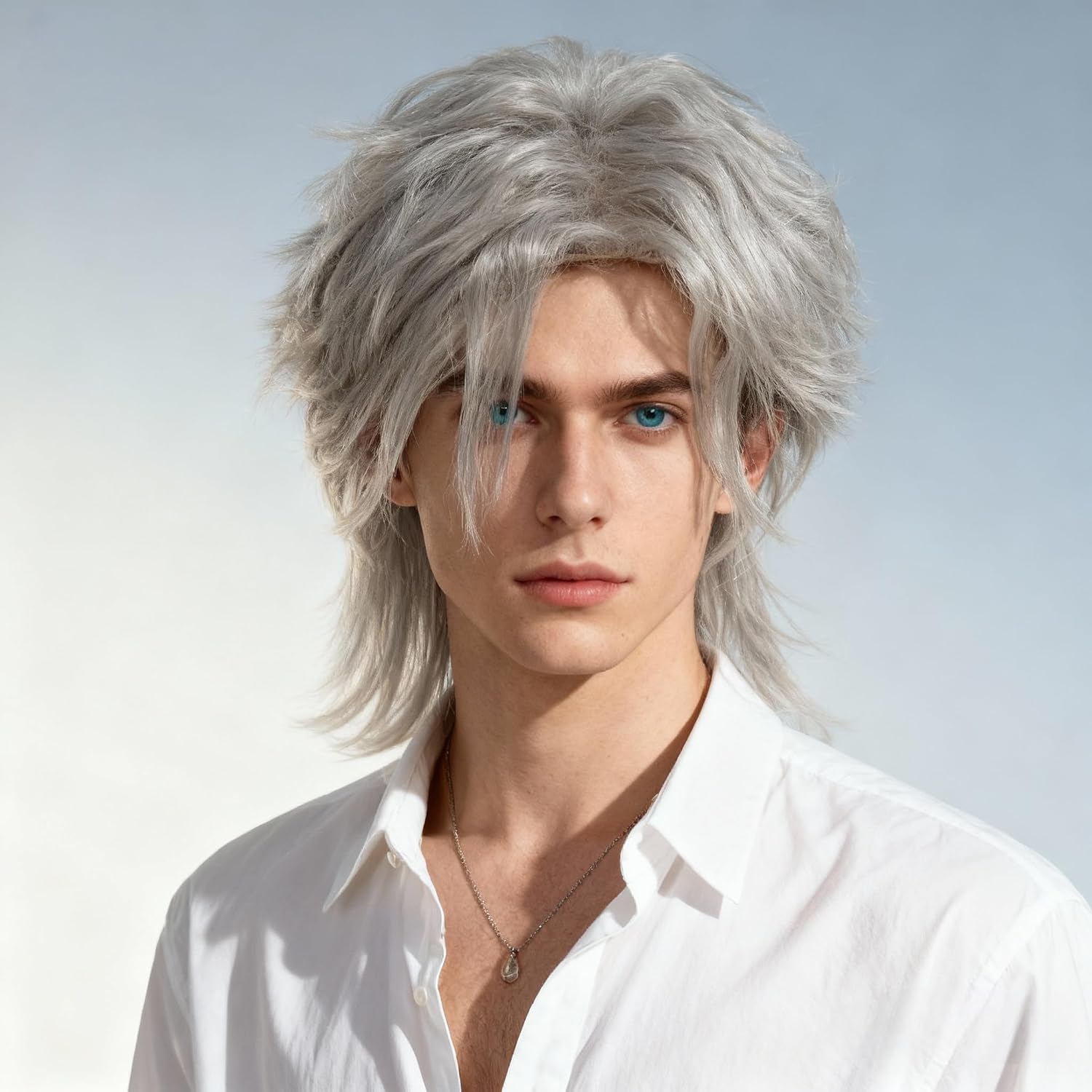 STfantasy Men's Wig Long Wave Mid Length Synthetic Hair Men Cosplay Winter Soldier Costume Silver