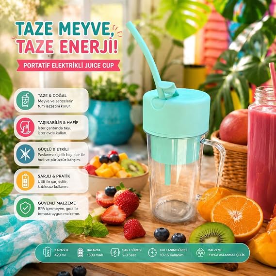 Spinx Portatif Elektrikli Smoothie Blender Detoks ve Taze Meyve Sıkacağı Bardağı USB Şarjlı - Yeşil