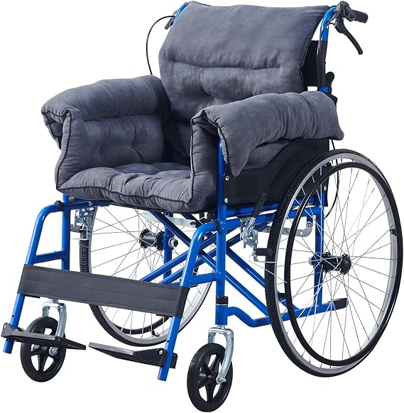 Foldable Wheelchairs with Cushion for Adults Lightweight Aluminium Self Propelled Wheelchair Folding Transit WheelChairs for People150KG Adjustable Footrest Dual Brakes 18inch Seat (24inch Wheel Blue)