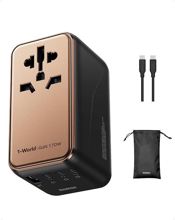 Ultra-fast 170W OutputMOMAX Conversion Plug PD GaN 140W+30W Output Fast Charging Worldwide Conversion Plug Compatible with All Countries 5 Devices Charging Simultaneously 3*PD USB-C+1*QC USB-A For