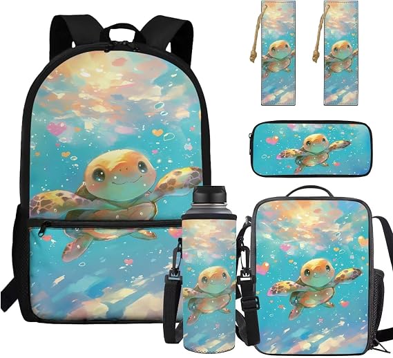 Cute Turtle Backpack for School Girls 2nd Grade Cute Bookbags Aesthetic Backpacks for Girls Elementary Schoolbag with Lunch Box Pencil Case Bottle Sleeve Bookmark for Kids