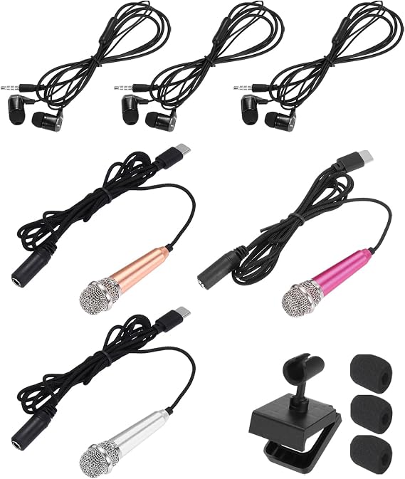sourcing map 3 Pcs Mini Microphone, Mini Mic Tiny Microphone Phone Type C Mic Small Microphone with Bracket, Sponge Cover, Earphones for Record Phone Voice, Gold/Silver/Hot Pink