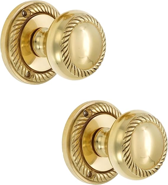 Infinity Decor Solid Brass Georgian Rope Design Mortice Door Knobs Set 50mm - Polished Brass Sprung Pull Handles Ideal for Interior and Exterior Doors
