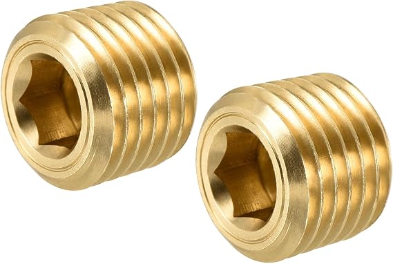 sourcing map Brass Pipe Plug 1/4 NPT Male Thread Hex Internal Head Socket Fitting for Water Air Fuel Pipeline Pack of 2