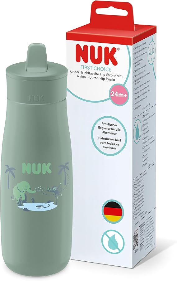 NUK First Choice Flip Straw Toddler Water Bottle | 24+ Months | 450ml | Bite-Resistant Flip Straw | Leak Proof Water Bottle | Green Elephant | 1 Count