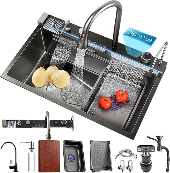 Kitchen Sink Multifunctional Digital Display 304 Stainless Steel Waterfall Sink with Cup Washer, soap Dispenser, rain Waterfall, Table Control