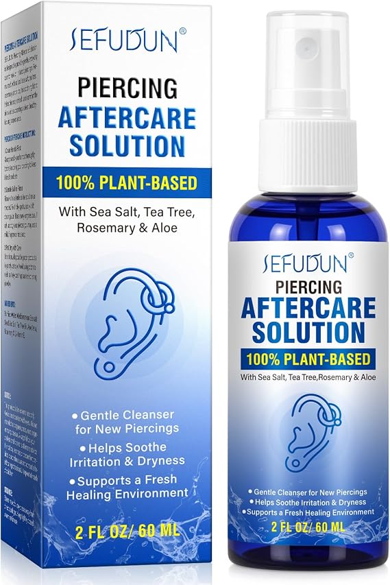 Piercing Aftercare Spray | Saline Solution for Ear, Nose, Belly, Cartilage Piercings | with Natural Sea Salt, Soothing Aloe Vera & Rosemary | Gentle, Non-Irritating Cleanser, 60ml
